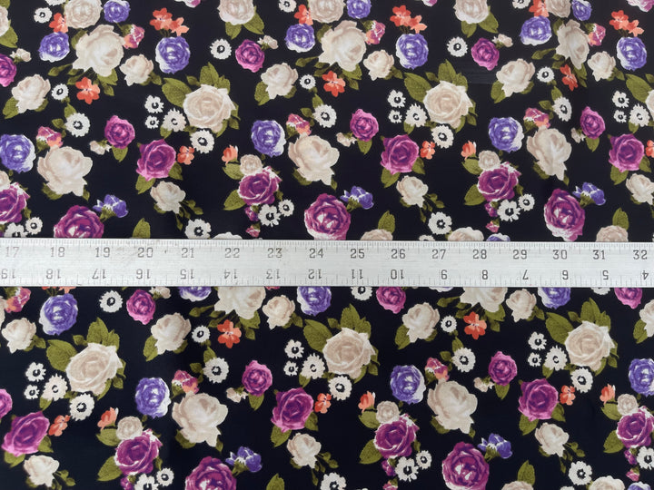 Off white and purple   floral on black  print -  silky satin  Lightweight   fabric