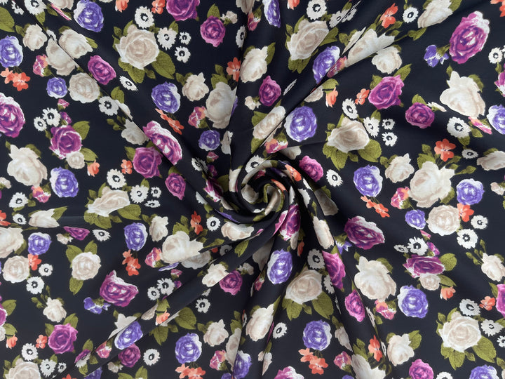 Off white and purple   floral on black  print -  silky satin  Lightweight   fabric