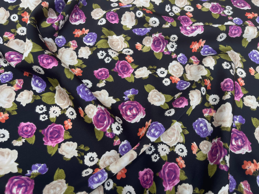 Off white and purple   floral on black  print -  silky satin  Lightweight   fabric