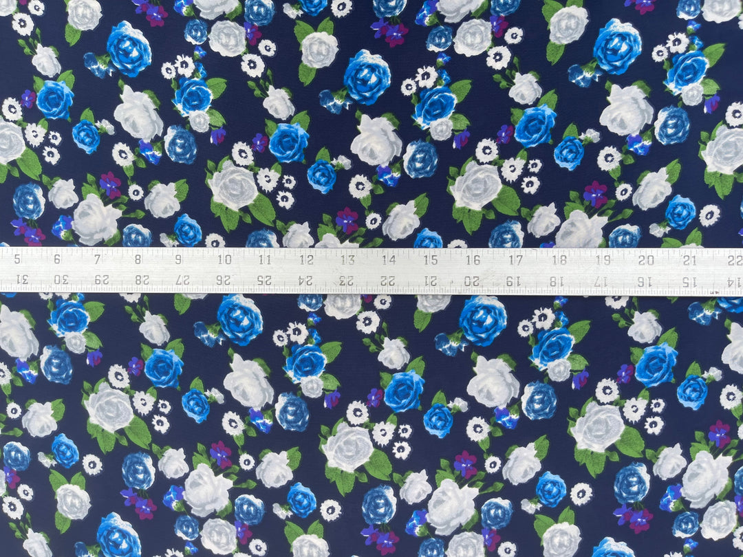 Royal blue and purple   floral on blue  print -  silky satin  Lightweight   fabric