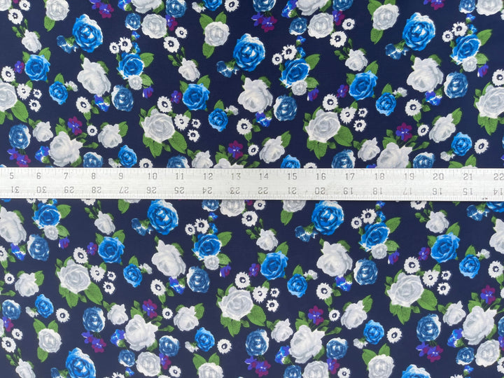 Royal blue and purple   floral on blue  print -  silky satin  Lightweight   fabric