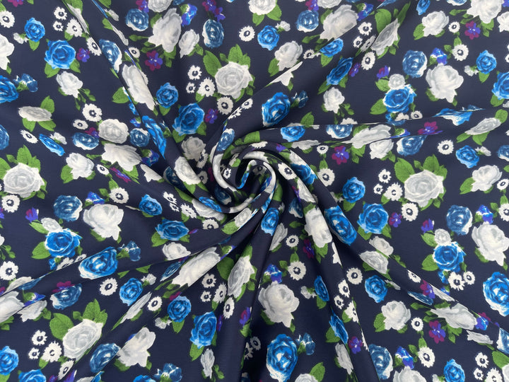 Royal blue and purple   floral on blue  print -  silky satin  Lightweight   fabric