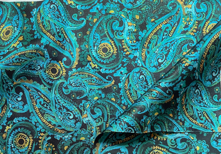 Black Mustard  Paisley - Silky Satin Charmeuse print - fabric by the yard -