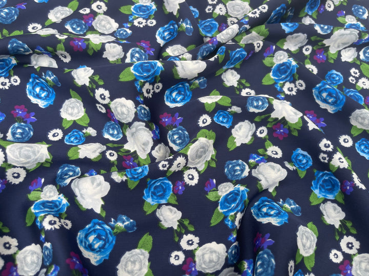 Royal blue and purple   floral on blue  print -  silky satin  Lightweight   fabric