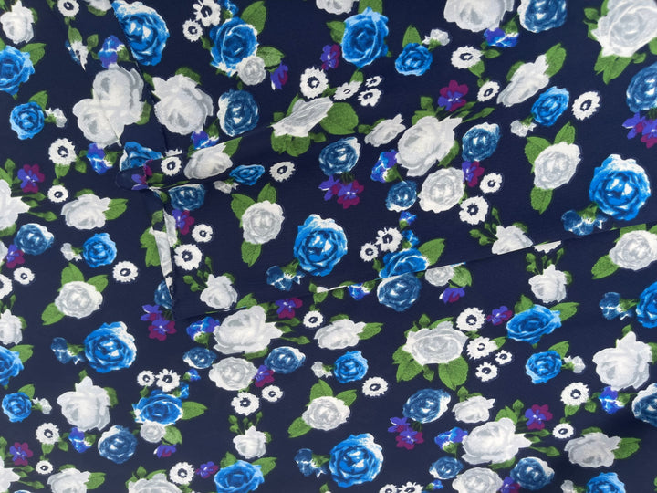 Royal blue and purple   floral on blue  print -  silky satin  Lightweight   fabric