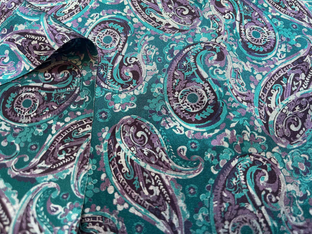 Purple Teal Paisley - Silky Satin Charmeuse print - fabric by the yard -