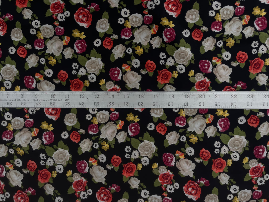 Orange and  burgundy  floral on black print -  silky satin  Lightweight   fabric