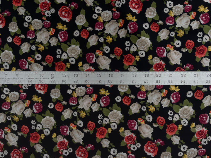 Orange and  burgundy  floral on black print -  silky satin  Lightweight   fabric