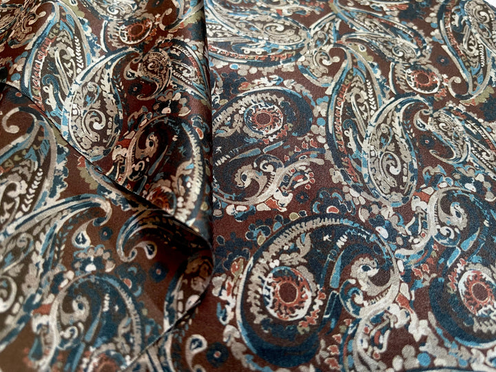 Brown Blue  Paisley - Silky Satin Charmeuse print - fabric by the yard -