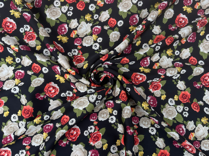 Orange and  burgundy  floral on black print -  silky satin  Lightweight   fabric