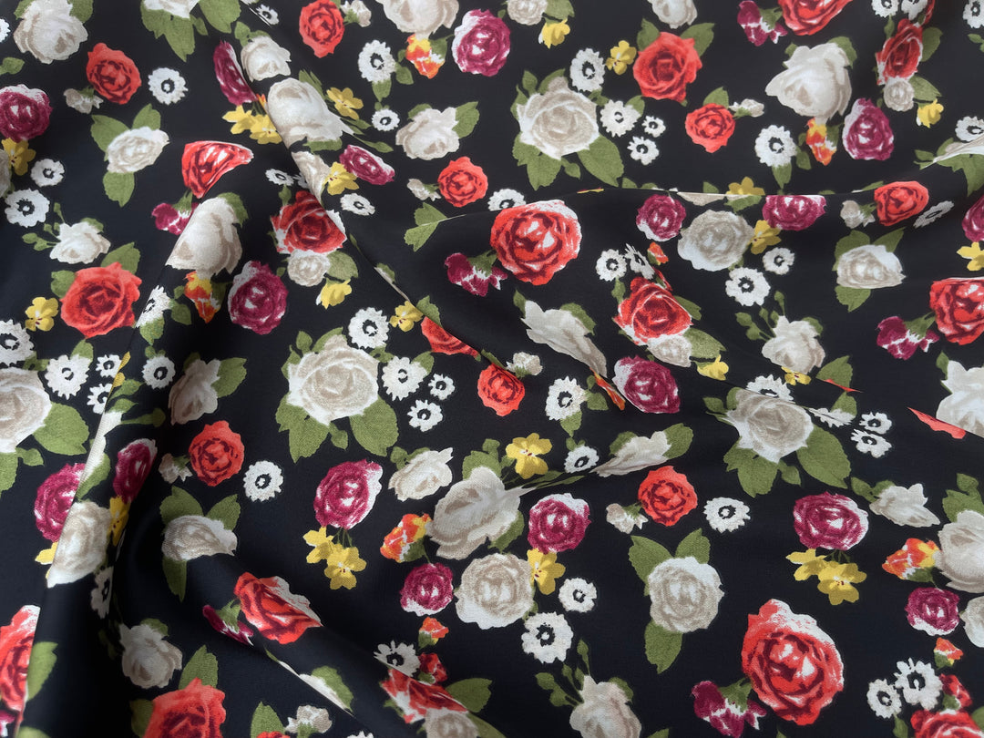 Orange and  burgundy  floral on black print -  silky satin  Lightweight   fabric