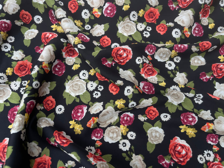 Orange and  burgundy  floral on black print -  silky satin  Lightweight   fabric