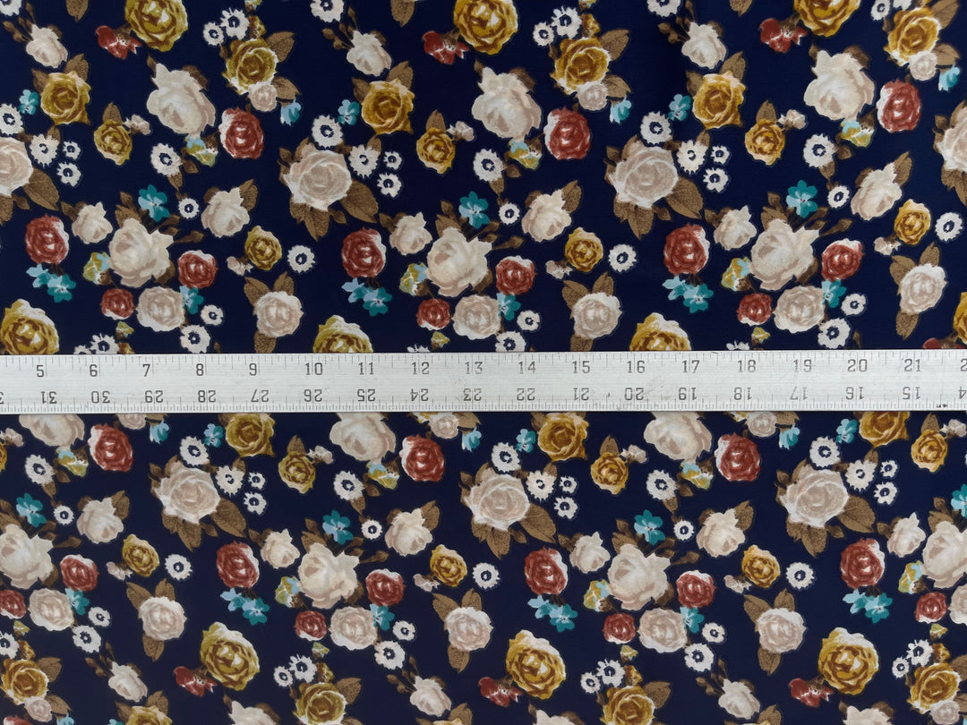 Mustard burgundy  floral on navy     print -  silky satin  Lightweight   fabric