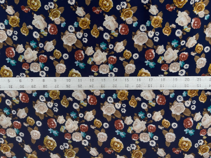 Mustard burgundy  floral on navy     print -  silky satin  Lightweight   fabric