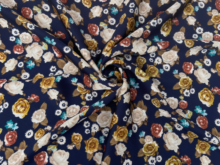 Mustard burgundy  floral on navy     print -  silky satin  Lightweight   fabric