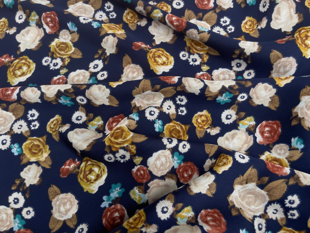 Mustard burgundy  floral on navy     print -  silky satin  Lightweight   fabric