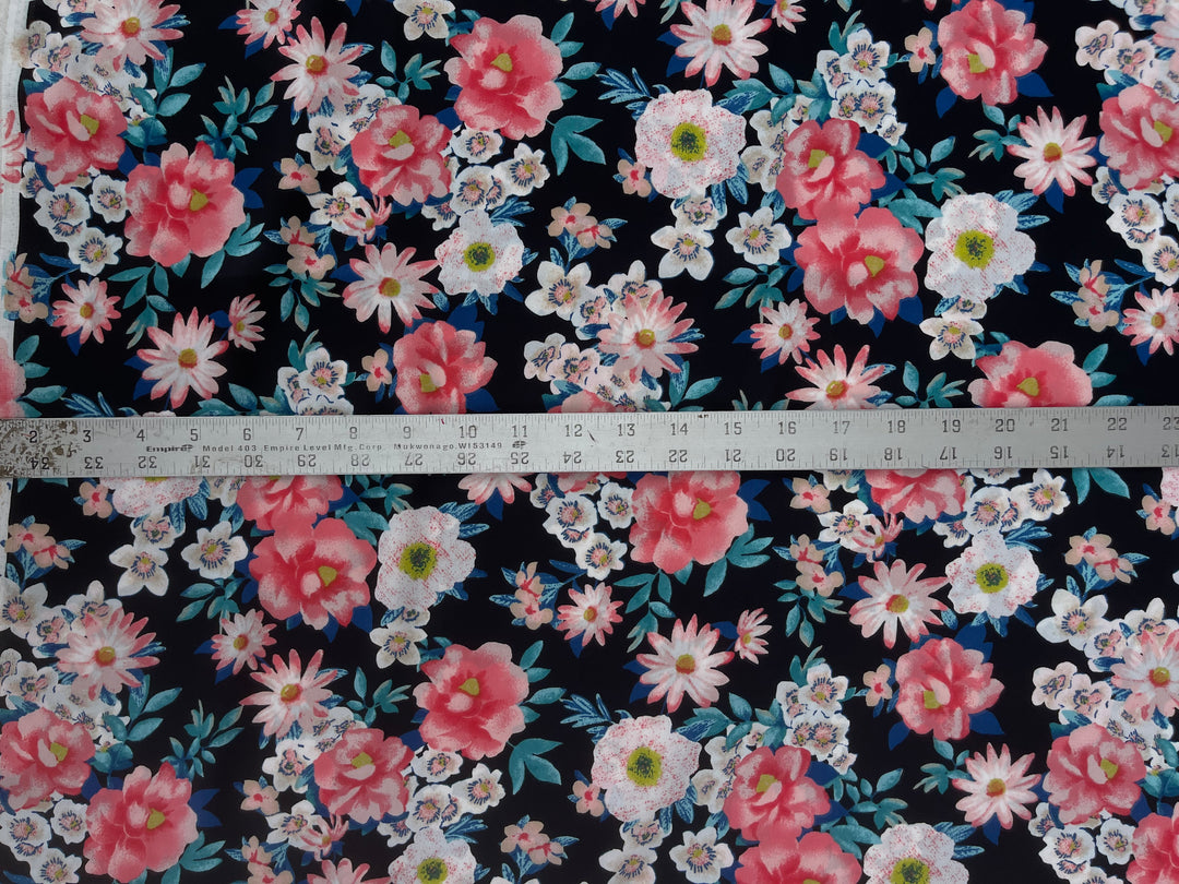 Pink teal and brown on black floral    print -  silky satin  Lightweight   fabric