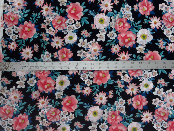 Pink teal and brown on black floral    print -  silky satin  Lightweight   fabric