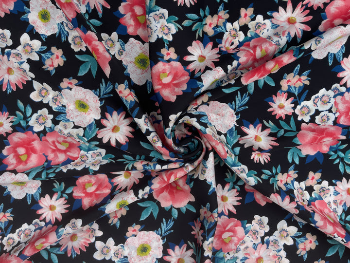 Pink teal and brown on black floral    print -  silky satin  Lightweight   fabric