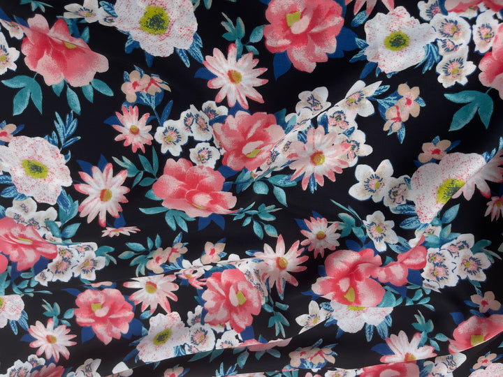 Pink teal and brown on black floral    print -  silky satin  Lightweight   fabric