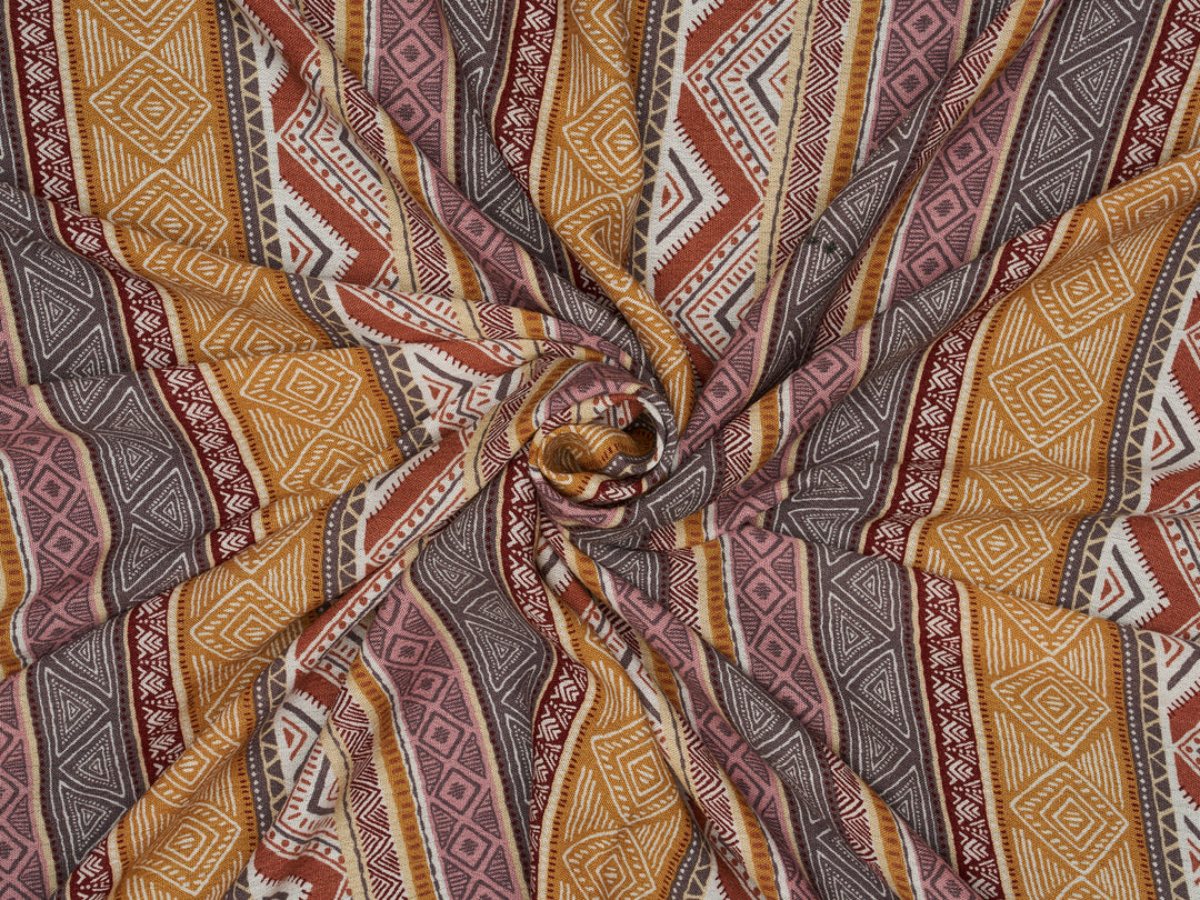Tribal zig zag pattern with earth tones   pattern - Rayon challis  fabric by the yard -