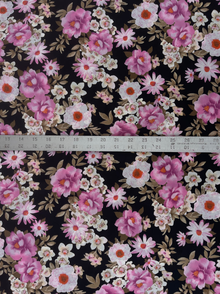 Pink and brown on black floral    print -  silky satin  Lightweight   fabric