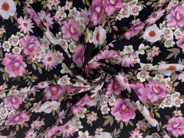 Pink and brown on black floral    print -  silky satin  Lightweight   fabric