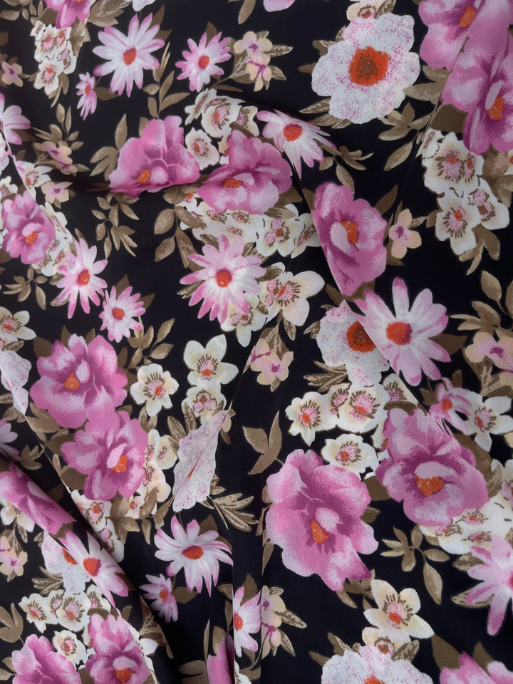 Pink and brown on black floral    print -  silky satin  Lightweight   fabric