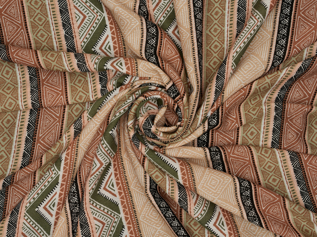 Tribal zig zag pattern with earth tones   pattern - Rayon challis  fabric by the yard -