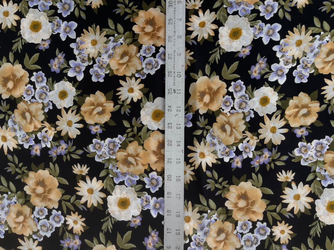 Tan on black floral    print -  silky satin  Lightweight   fabric