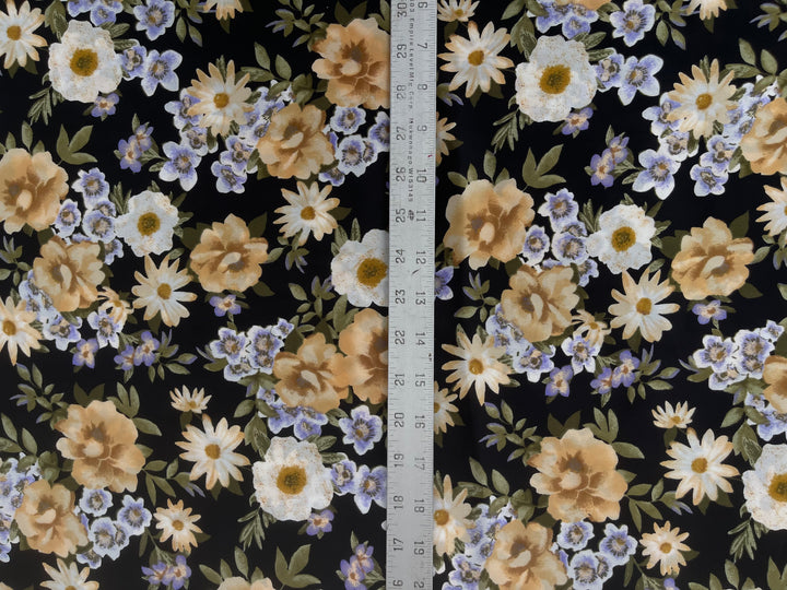 Tan on black floral    print -  silky satin  Lightweight   fabric