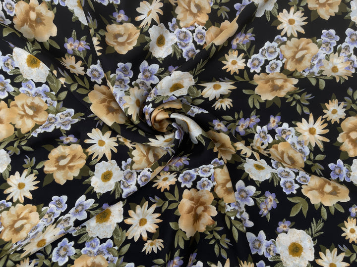 Tan on black floral    print -  silky satin  Lightweight   fabric