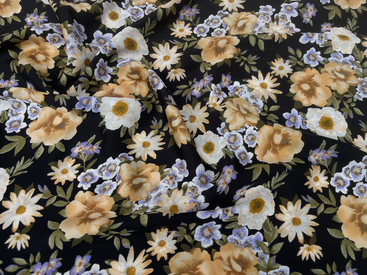 Tan on black floral    print -  silky satin  Lightweight   fabric