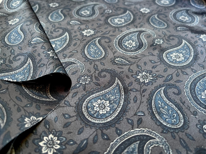 Gray Blue   Paisley   - Silky Satin Charmeuse print - fabric by the yard -