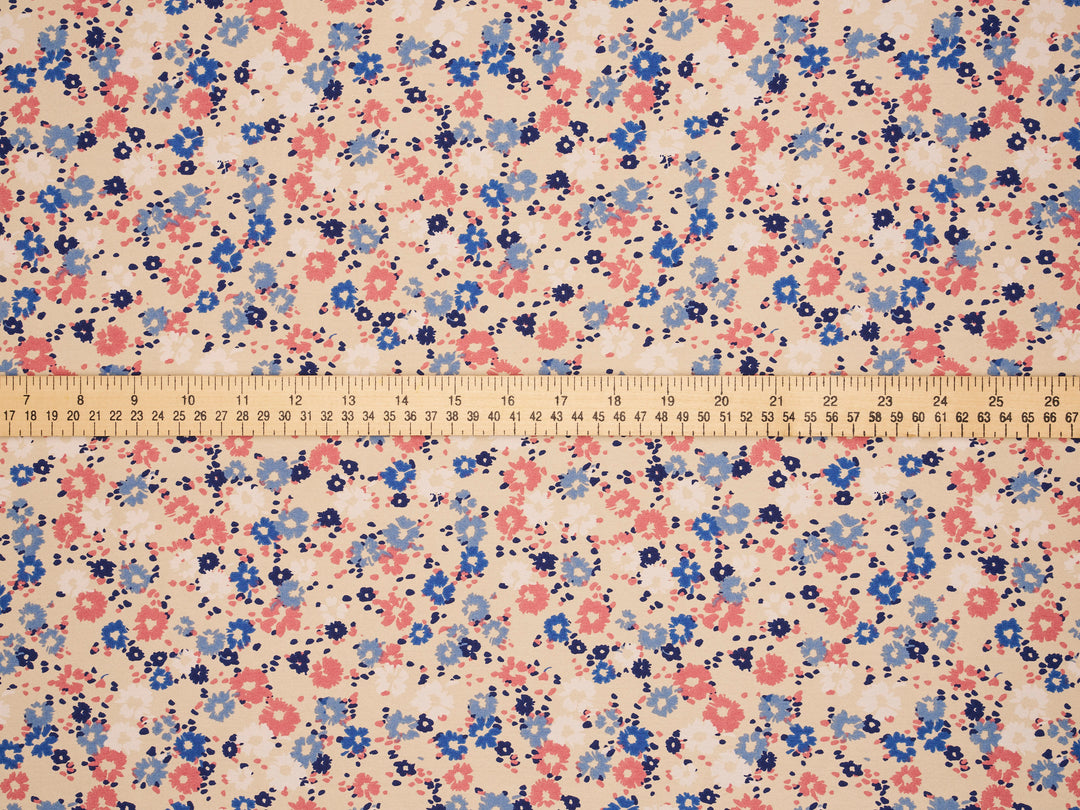 Pink and  blue on cream silky satin by the yard - Lightweight  satin  fabric -