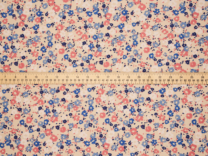 Pink and  blue on cream silky satin by the yard - Lightweight  satin  fabric -