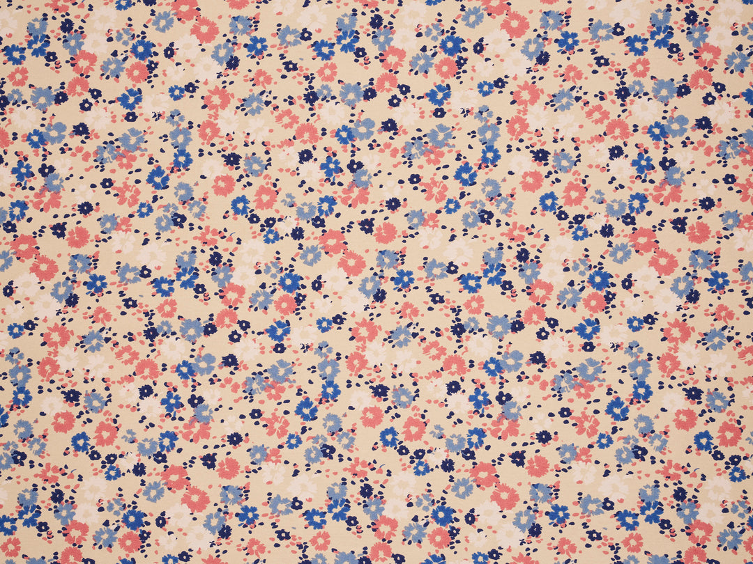 Pink and  blue on cream silky satin by the yard - Lightweight  satin  fabric -