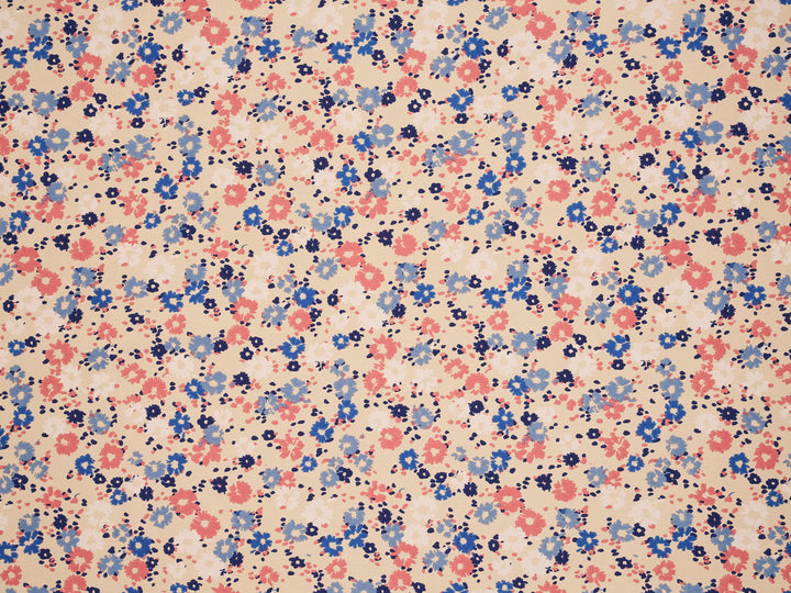 Pink and  blue on cream silky satin by the yard - Lightweight  satin  fabric -