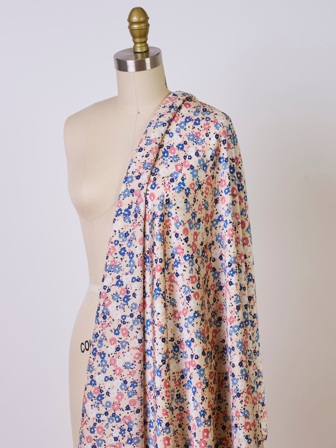 Pink and  blue on cream silky satin by the yard - Lightweight  satin  fabric -