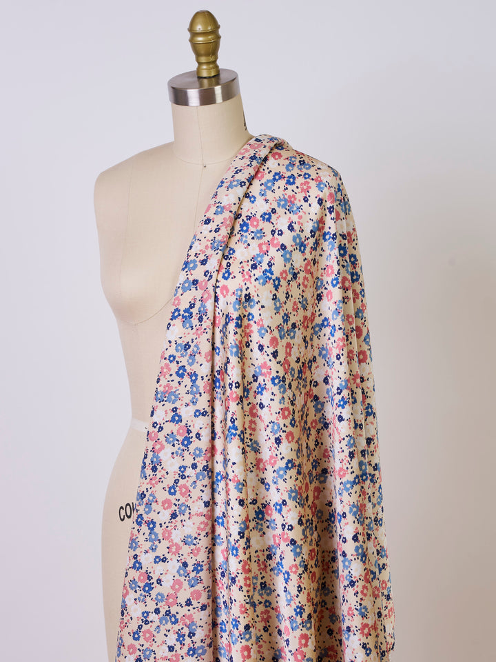 Pink and  blue on cream silky satin by the yard - Lightweight  satin  fabric -