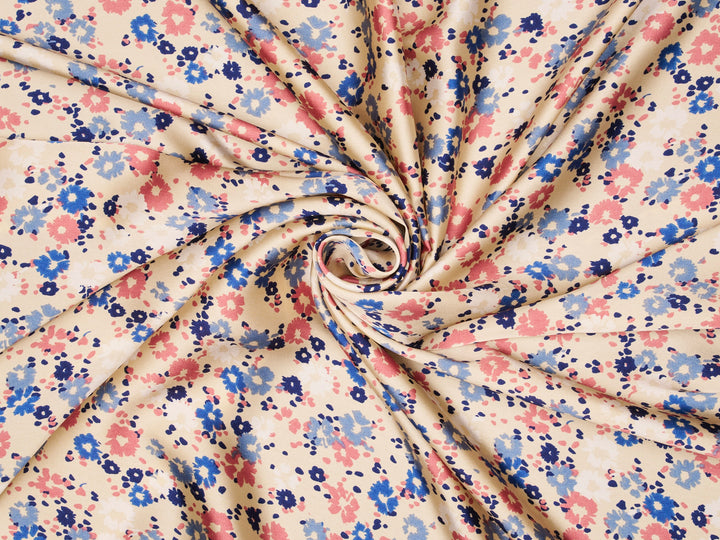 Pink and  blue on cream silky satin by the yard - Lightweight  satin  fabric -