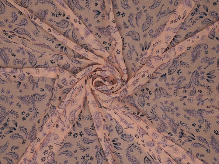 Navy paisley on light coral background - Chiffon fabric by the yard
