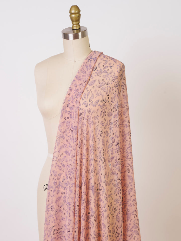 Navy paisley on light coral background - Chiffon fabric by the yard