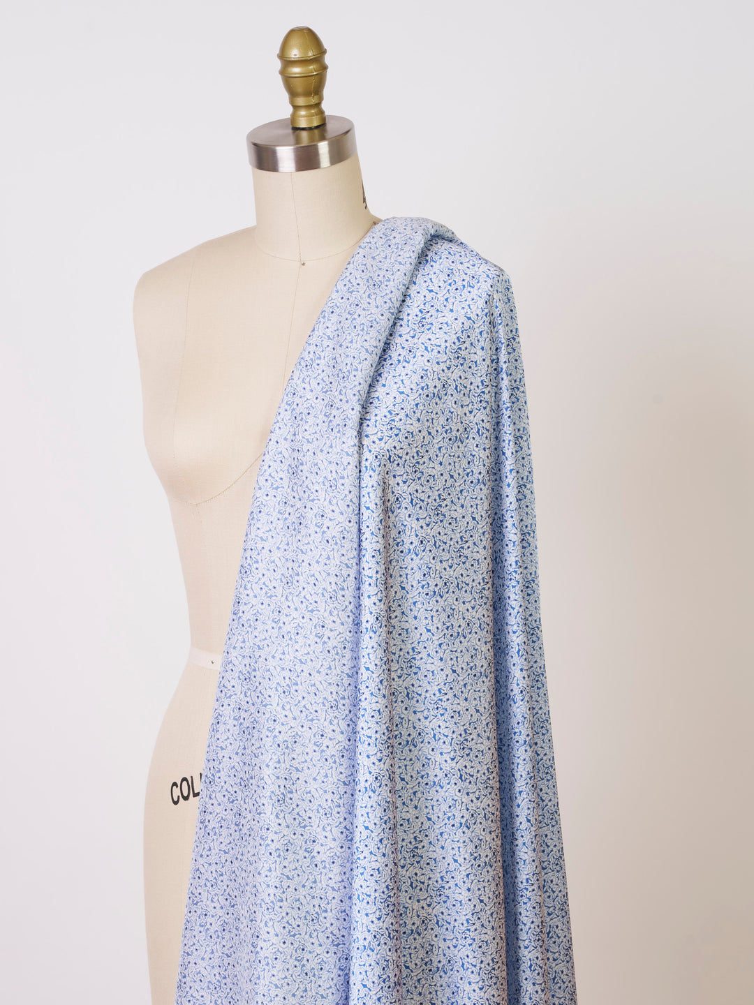 Blue small floral monotone pattern print silky satin Lightweight   fabric -