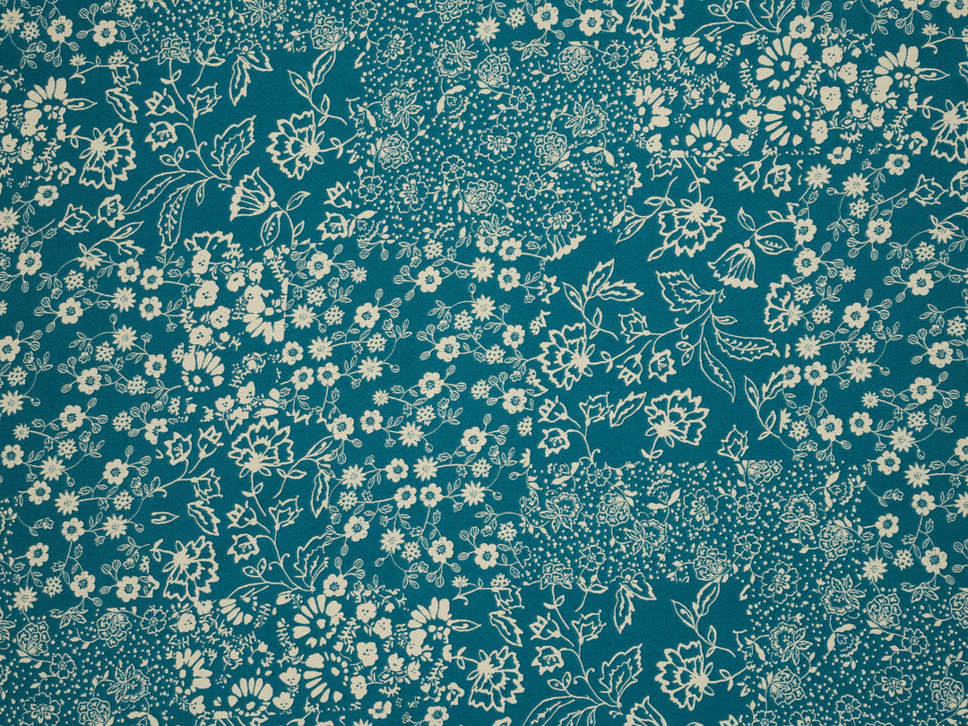 Teal  off white dainty floral   print -  silky satin dobby Lightweight   fabric