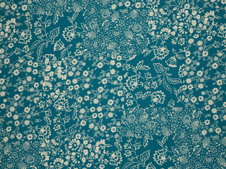 Teal  off white dainty floral   print -  silky satin dobby Lightweight   fabric