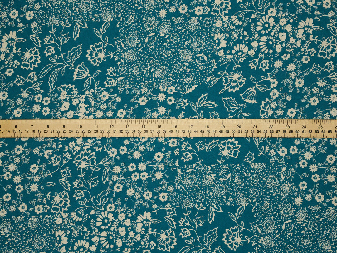 Teal  off white dainty floral   print -  silky satin dobby Lightweight   fabric