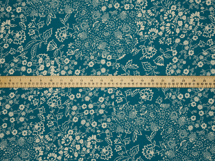 Teal  off white dainty floral   print -  silky satin dobby Lightweight   fabric