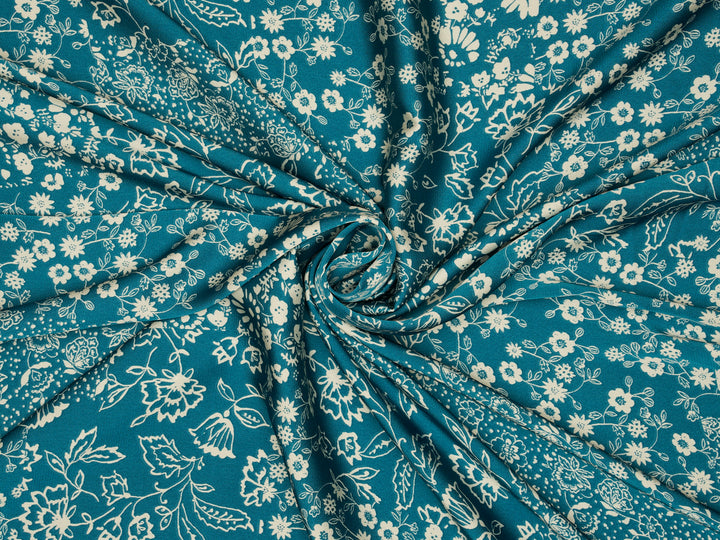 Teal  off white dainty floral   print -  silky satin dobby Lightweight   fabric
