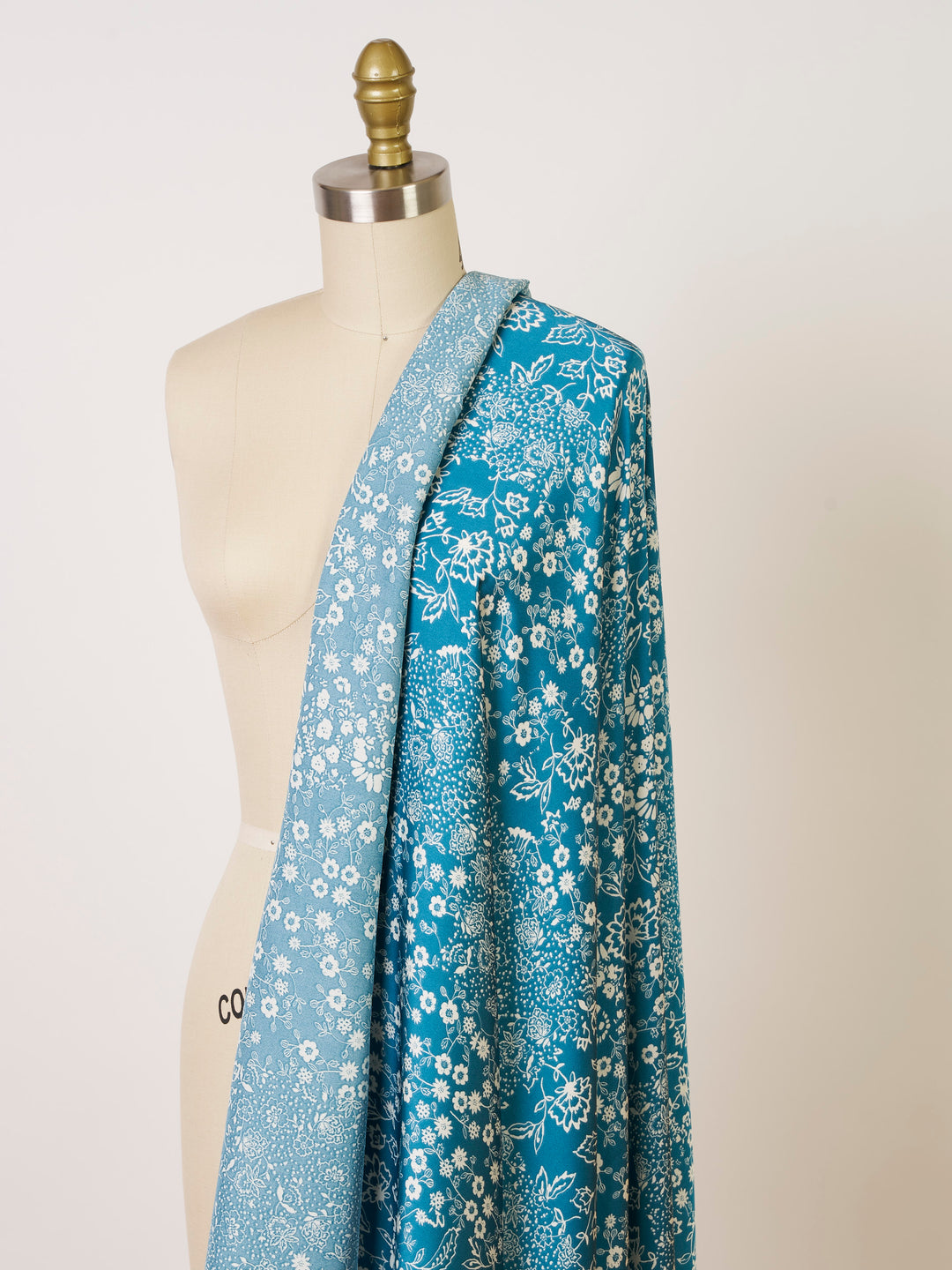 Teal  off white dainty floral   print -  silky satin dobby Lightweight   fabric